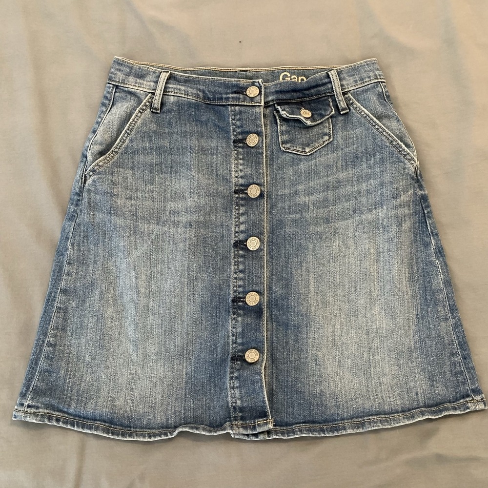 Gap 1969 Skirt Womens 26" Blue Denim Button Front A-Line Short Pockets Casual